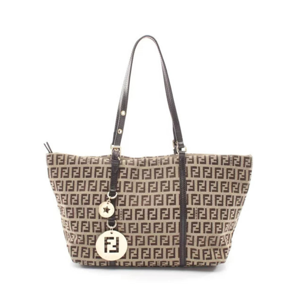 Fendi Zucchino Tote Bag Canvas Leather Beige Cream Brown